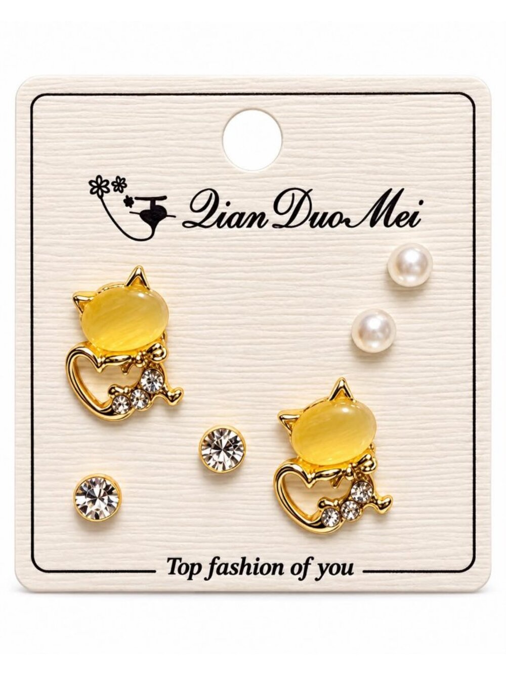 Gold Cat Pearl and Rhinestone Stud Earring Set